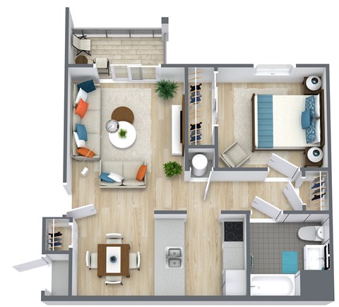 Floor plan for 1 bed, 1 bath, 750 sqft